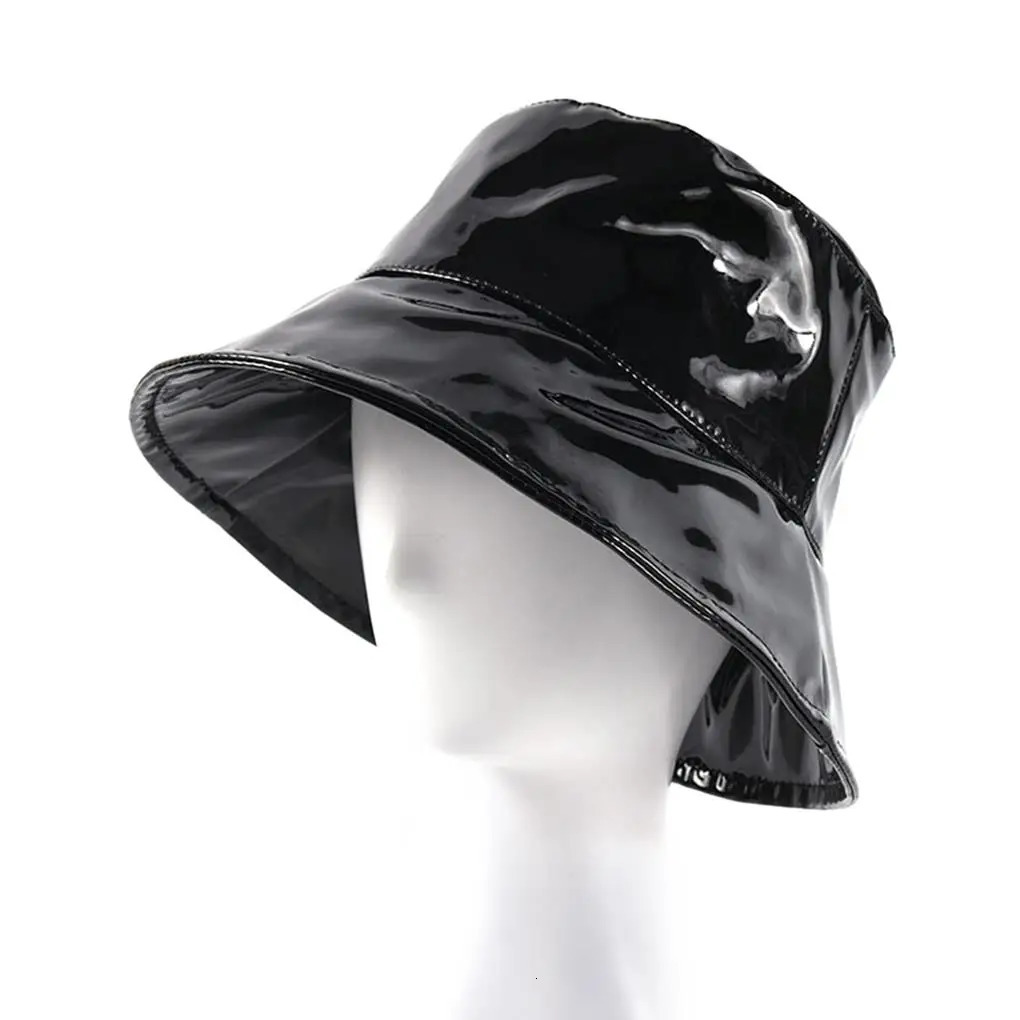 Bucket Hat Waterproof Rain Caps Fashion Black Patent Leather Solid Color Retro Street Hip Hop Fishing Bonnet Beach Party 251103