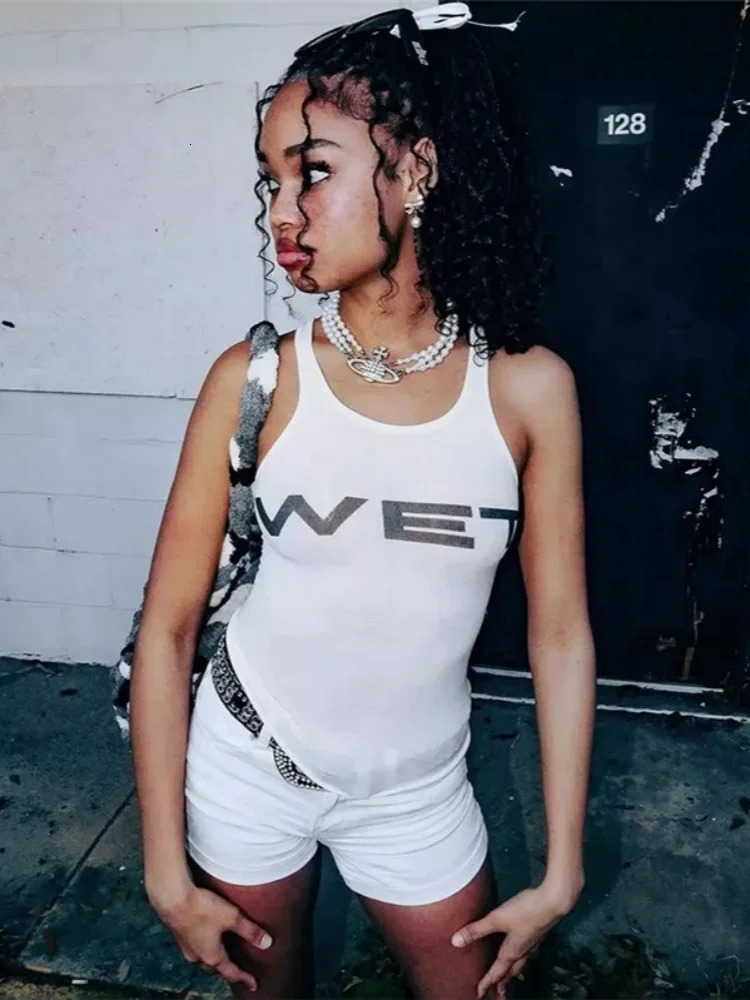 White Crop Top Women Streetwear Letters Printing Y2k Clothes Sleeveless Ropa De Mujer Transparent Camison Verano Rave Outfit 250407