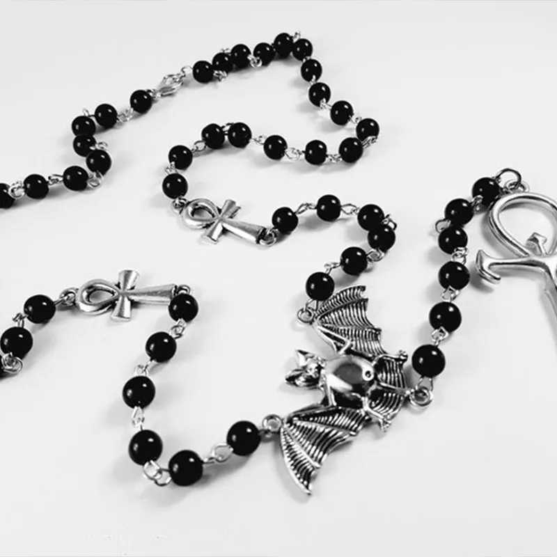 Emo Vampire Ankh Rosary Occult Vamp BeEmo Vampire Ankh Rosary Occult Vamp Bead Necklace Goth Punk Bat Cross Pendant Necklace HanC250407