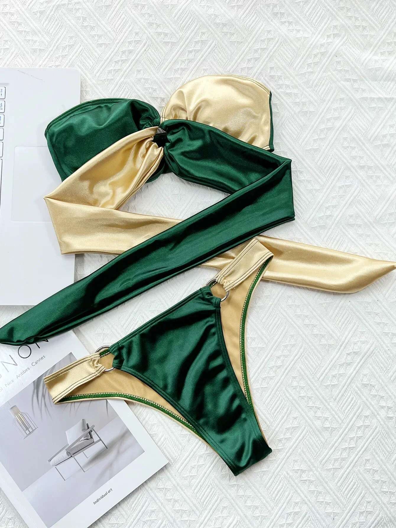 Dongdumaoyi Sexy Bandeau Bikini Women Green Contrast Push Up Two Piece Swimsuit Beach Cut Out Bathing Suit Ring Linked Thong Swimwear
