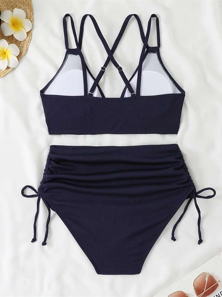 Dongdumaoyi Women S Two Piece Swimsuit Black Double Strap Push Up Pleate Drawstring Side High Waist Bikini Beach Bathing Suit Swimwear