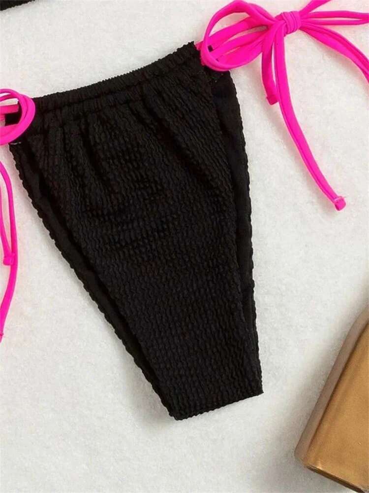 Dongdumaoyi Sexy Micro Bikini Women Pleated Push Up Bandage Tie Side Thong Swimsuit Summer Beach Black Patchwork Bathing Suit Swimwear