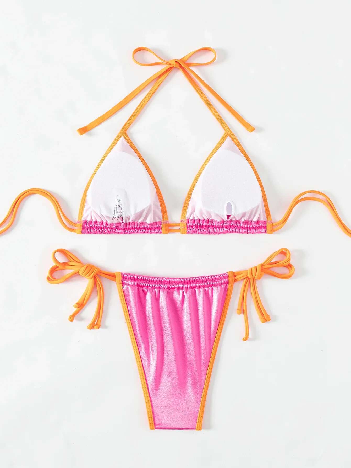 Dongdumaoyi Rose Red Gloss Two Piece Swimsuit For Women Sexy Drawstring Halter Bra Push Up Bikini Set Beach Vacation Bathing Suit New