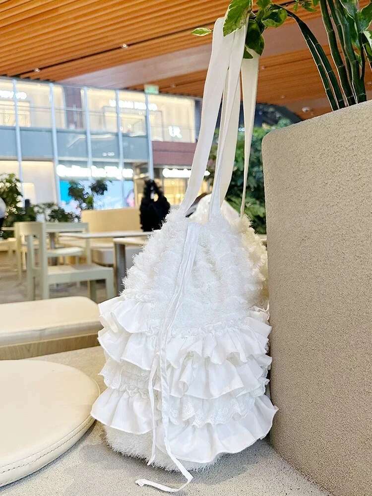 Sweet Multi-Layer Pleated Lace Side Tote Handmade White Special Fabric Shoulder Bag Girls Large Capacity Drawstring Handbag