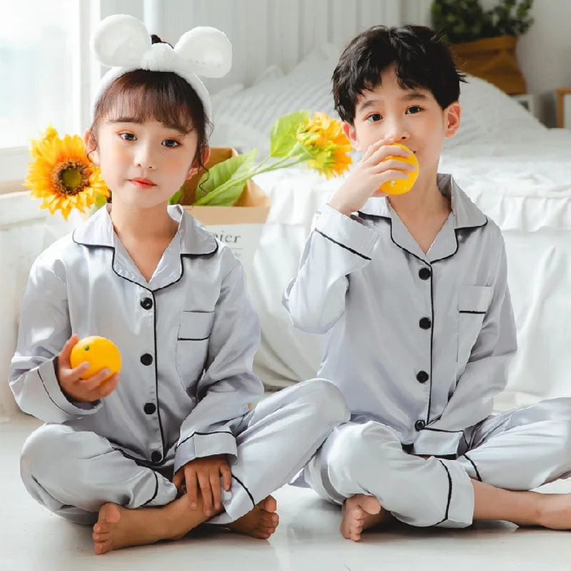 Button Spring Summer Sleepwear Child Satin Pajamas Sets Kids Girls Boys Silk Long Sleeve 2 Pcs TopsPants Homewear Pyjama 250407