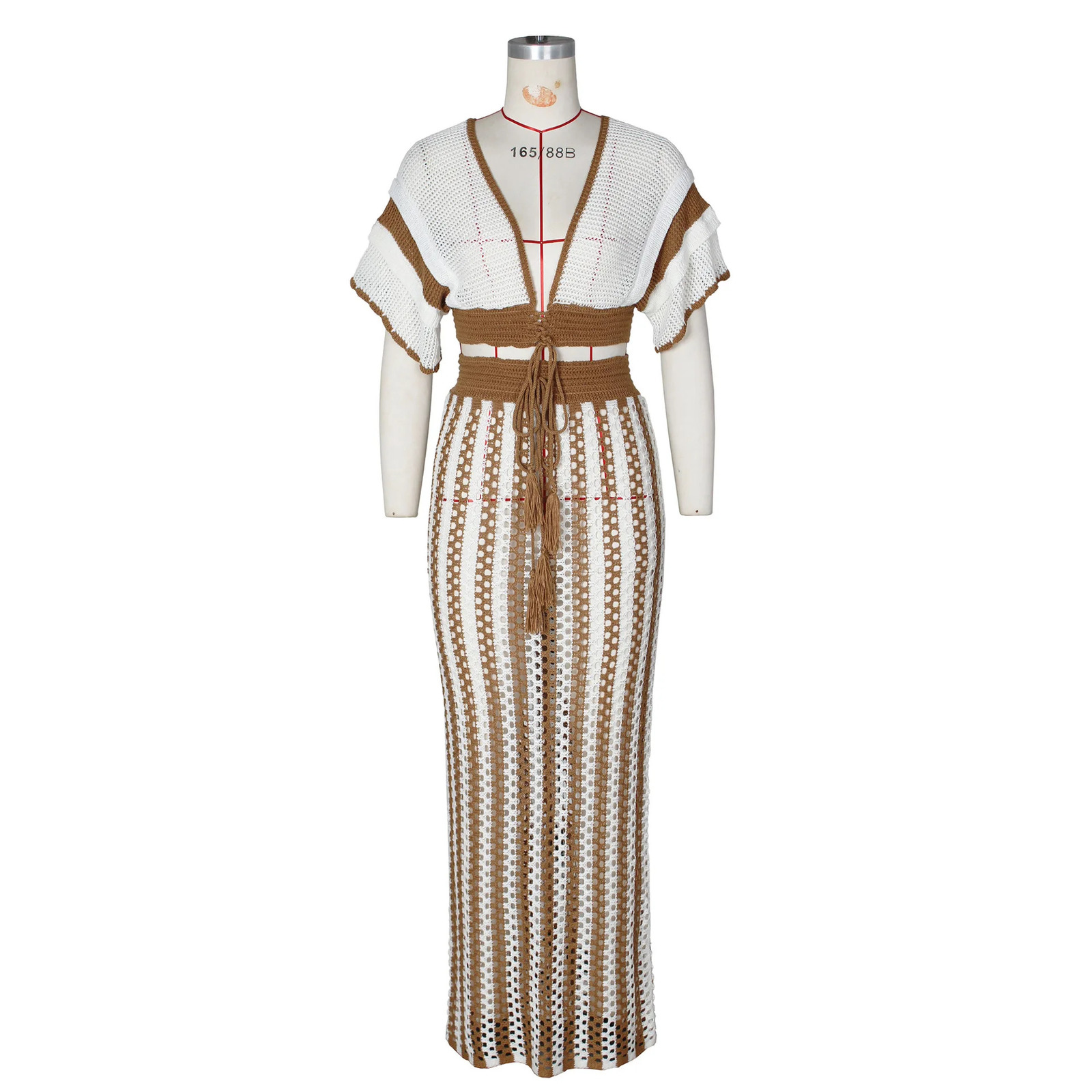 CM. YAYA Womens Set Short Sleeve V-neck TopLong Sleeve Set Summer Knitted Hollow Street Clothing Beach Sexy Two Piece Set 250401