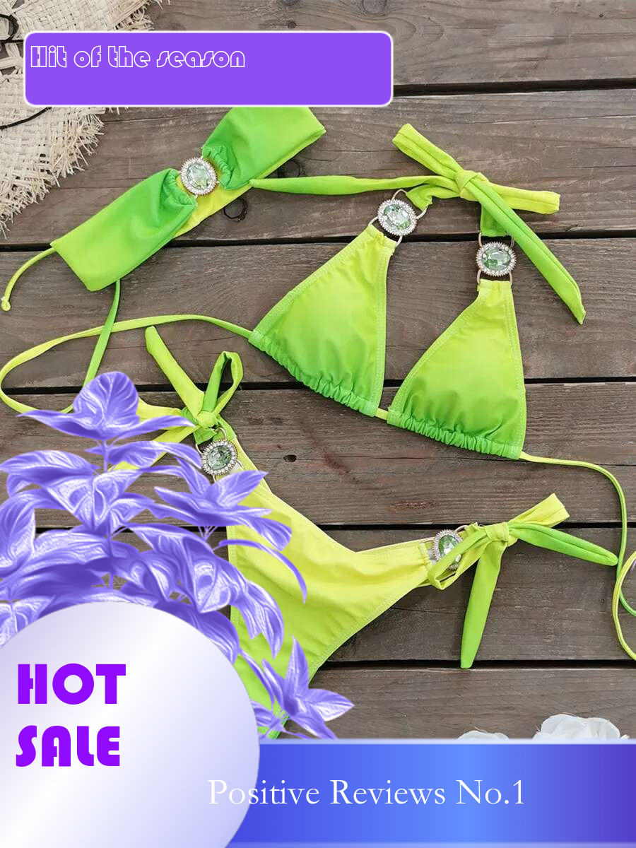 Dongdumaoyi Luxury Bikini Women Neon Green Gradient Rhinestones Push Up Micro Swimsuit Beach Bathing Suit Diamond Band Piece Swimwear