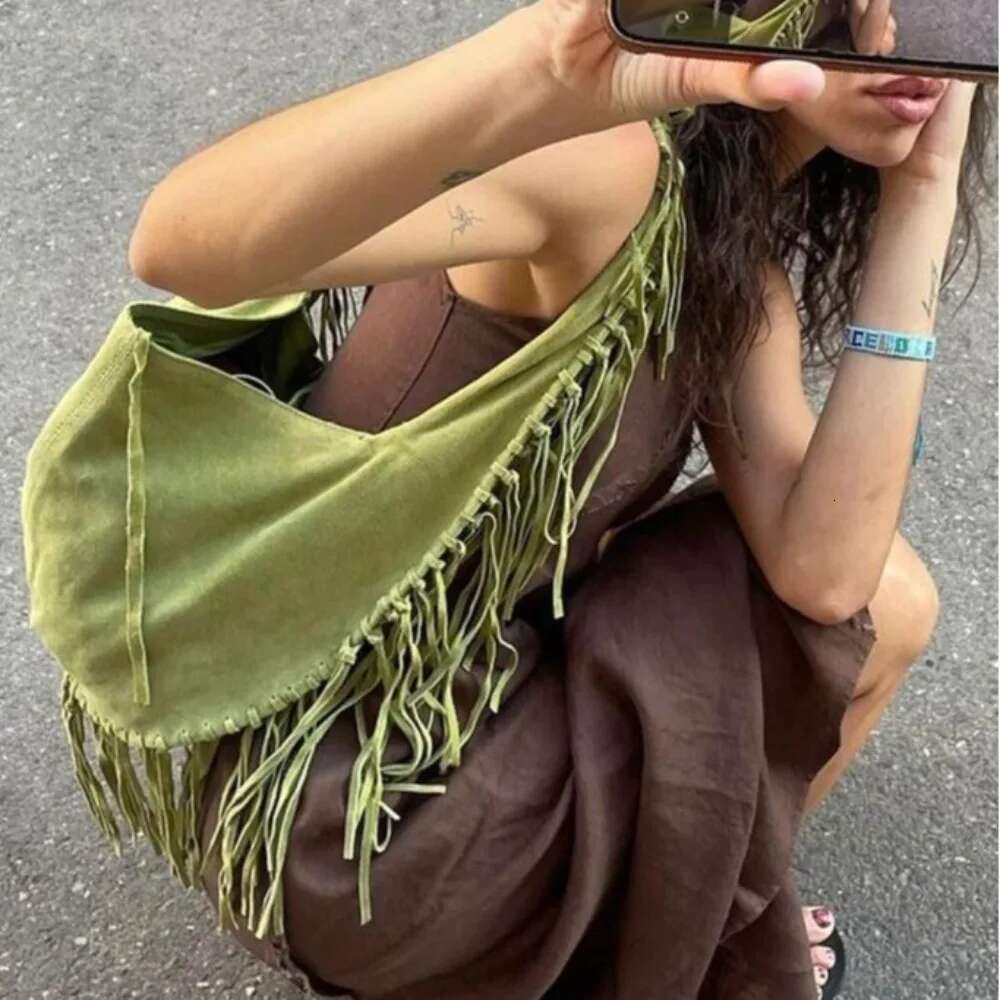 New Long Tassel Women's Shoulder Bags Faux Suede Tote Bag Designer Handbags Half Moon Hobos Frosted Shopper Purses Female