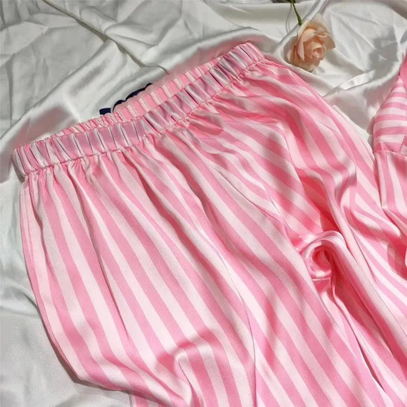 Womens Stripe Print Satin Casual Pajama Set Bow Short Sleeve Buttons Lapel Top Pants Comfortable Relaxed Fit Summer Nightwear 250408
