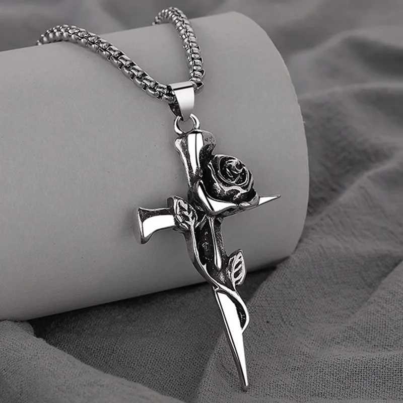 1Pcs Vintage Rose Cross Pendant Necklace For Women Men Stainless Steel Chain Punk Goth Trendy Accessories Choker Gothic JewelryC250407