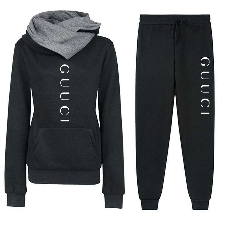 Womens Tracksuit Outfits Autumn Winter Hooded Sweatshirt +Black Sweatpants High Quality Ladies Daily Casual Warm 2 Piece Set