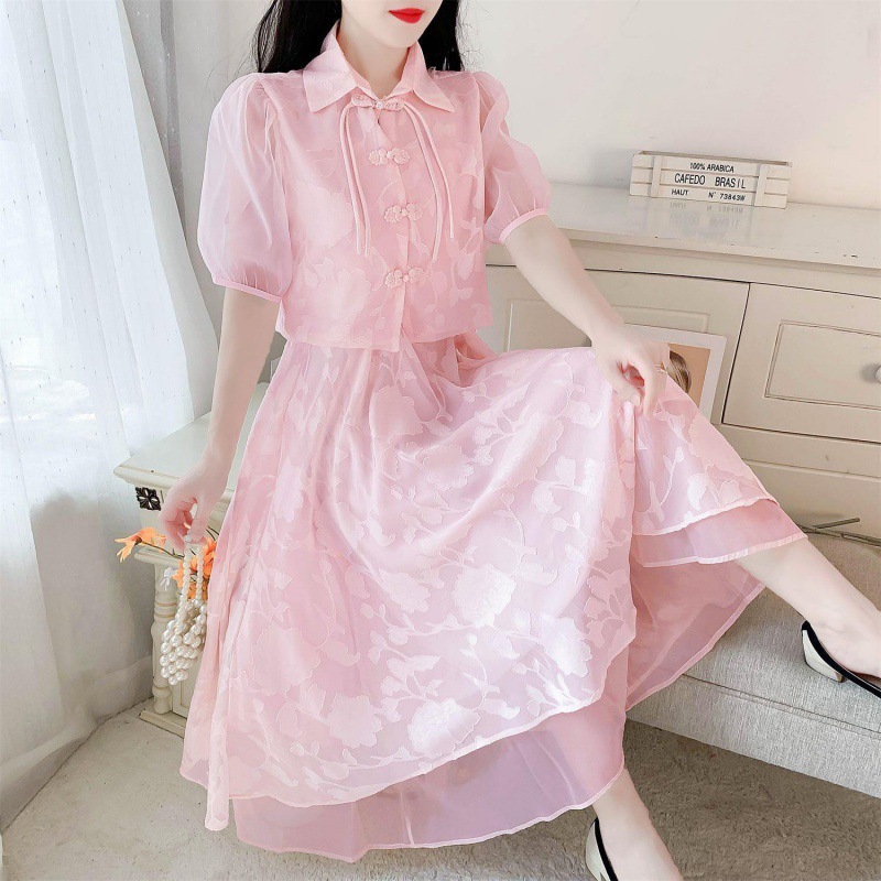 P5260 Temperament skirt female summer 2024 cheongsam improved button top suspender dress