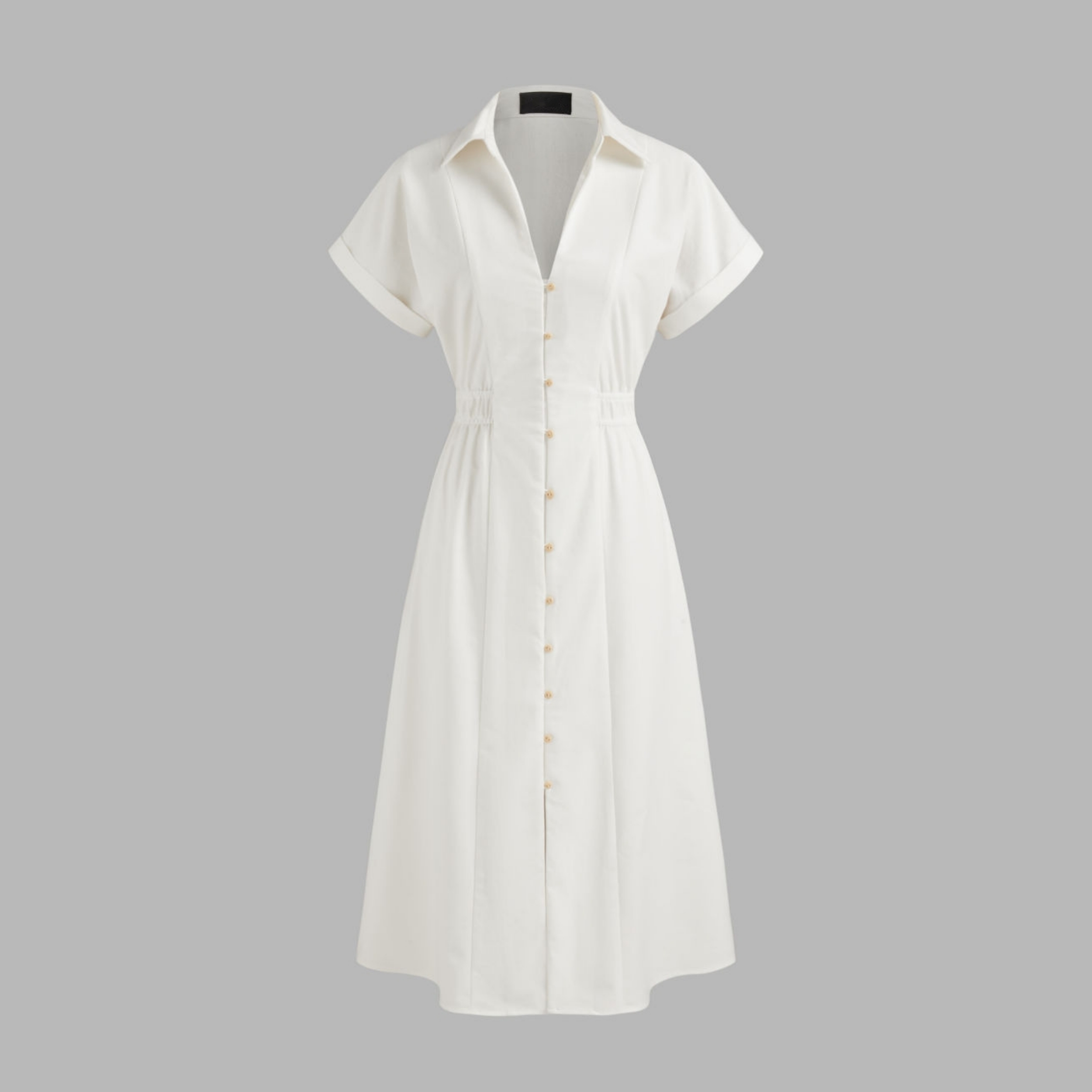 Women's White Button Midi Shirt Dress Linen-blend Collar Solid Shirred Work Dress