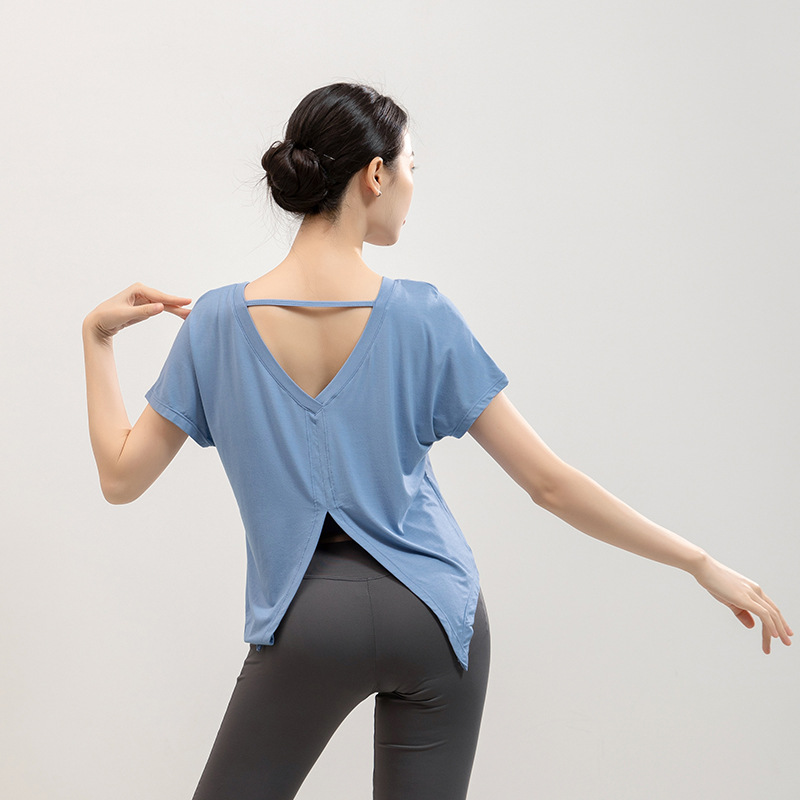 Summer yoga clothes short sleeve T-shirts women beautiful backslits slam blouses loose running sports and fitness tops dance practice