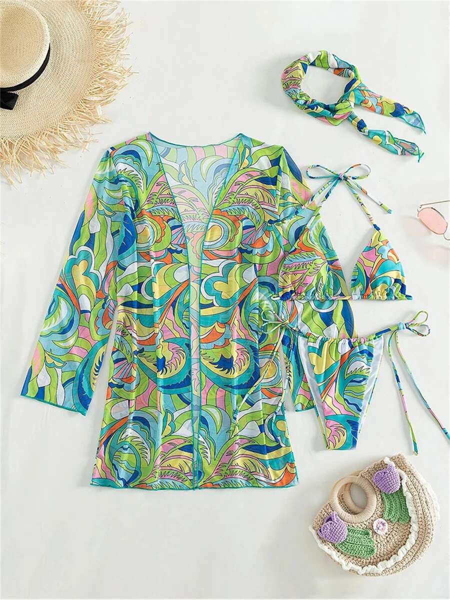 Dongdumaoyi Vintage Green Leaves Print Piece Bikini Set Women Long Sleeve Cover Up Swimsuit Sexy Push Bathing Suit Thong Swimwear