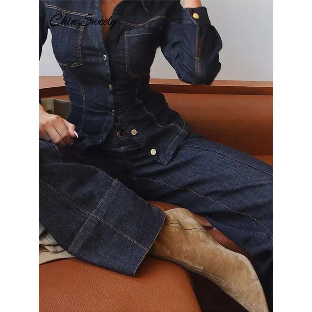 Denim Jeans Suits Women Waist Up Lapel Single Breasted Long Sleeve Coat Wide Leg Pants Spring Pleat High Street Sets 2 Pieces