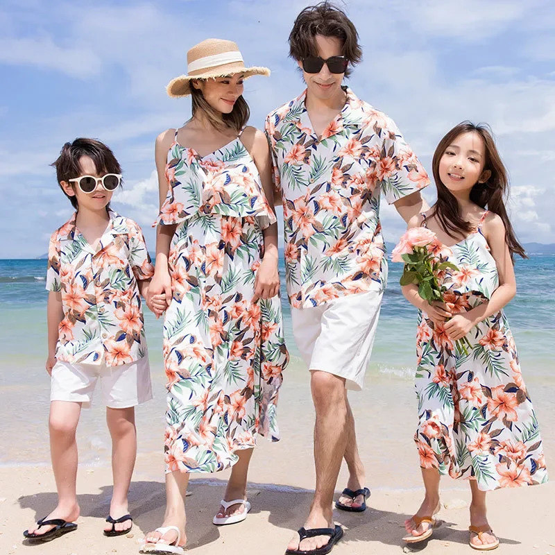 Family Look Vacation Beach Clothing Mom Daughter Sleeveless Dress Dad Son Matching Floral Shirt Set Parent Child Holiday Clothes 250407