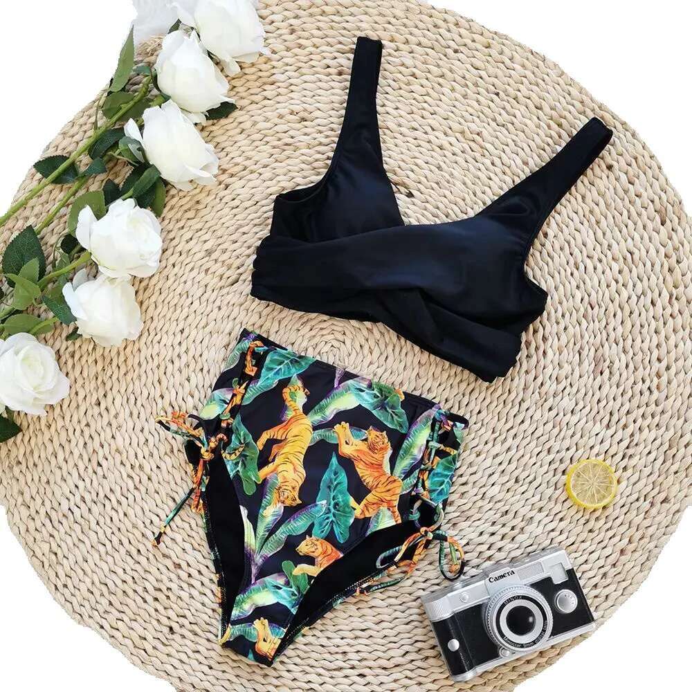 RAL printed V-neck bikini set, two-piece swimsuit, back tie, side cut high waist, swimsuit and women's clothing