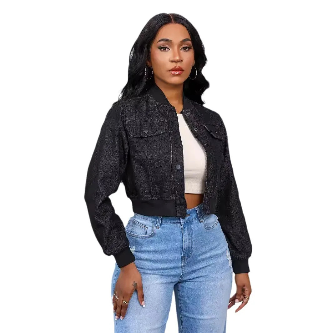 Denim jacket womens jeans casual streetwear long sleeved round neck pocket short single chest spring 250407