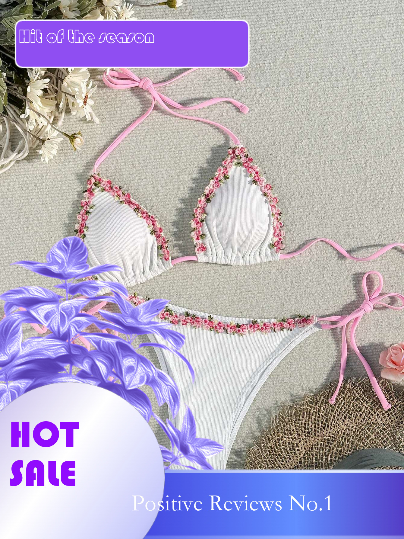 Dongdumaoyi Sexy D Floral Bikini Set Women White Pink Contrast Push Up Bra Tie Side Thong Swimsuit Beach Bathing Suit Micro Swimwear