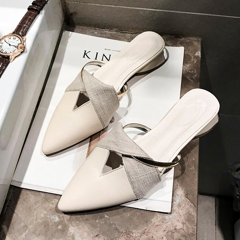 2025 Lazy person Muller sandals New style trendy online celebrity mid-heel thick heel pointed toe half slippers for women to wear outdoors in summer n