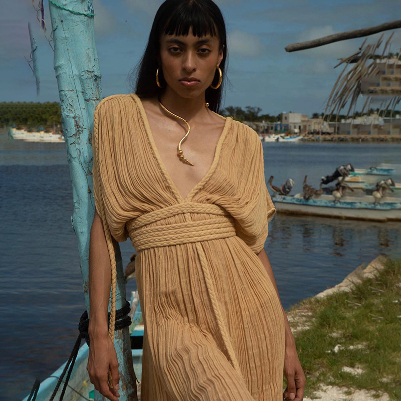 New bamboo cloth button waist rope long skirt cardigan vacation beach coat long skirt bikini womens dress