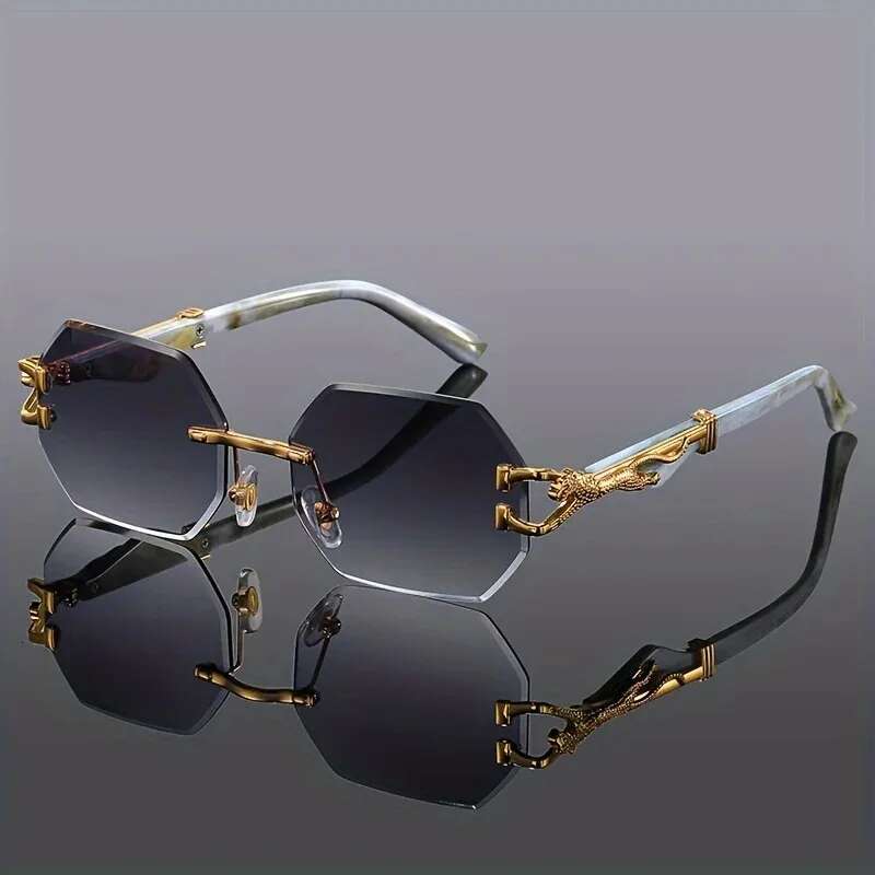 Vintage Rimless Polygonal Metal Frame Sunglasses with Leopard DesignTemples Unisex Outdoor Party Vacation Travel Driving Photo