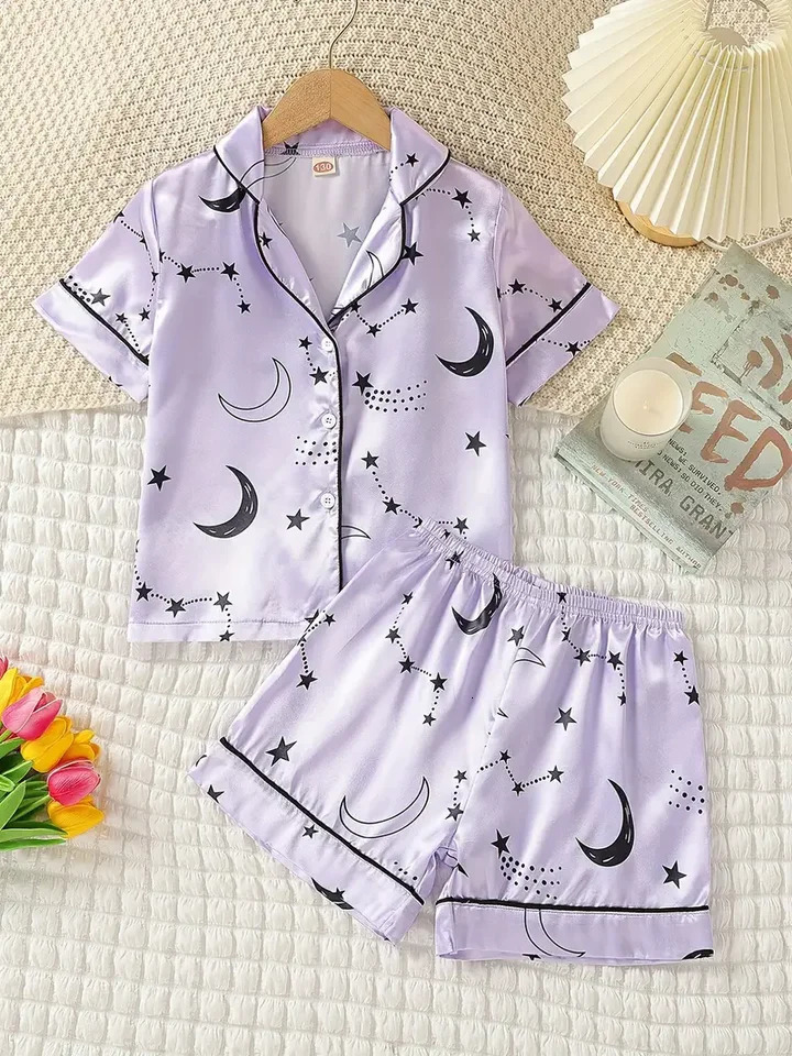 2-piece girls comfortable pajamas family suit star print V-neck button short-sleeved blouse and elastic waist shorts children sp 250407