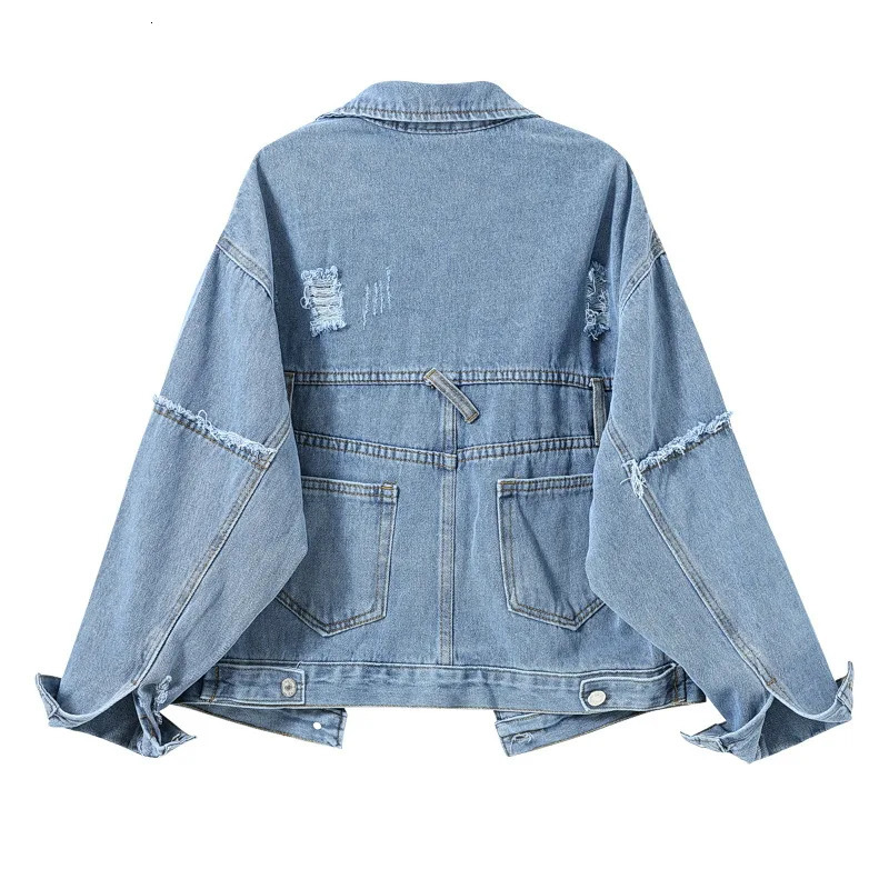 Denim jacket womens single chest blue hole lapel Y2k streetwear spring patchwork autumn 250407
