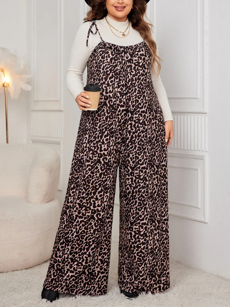 GIBSIE Plus Size Leopard Print Tie Shoulder Jumpsuits Women Spring Fall Sleeveless Loose Fashion Wide Leg Jumpsuit 250407