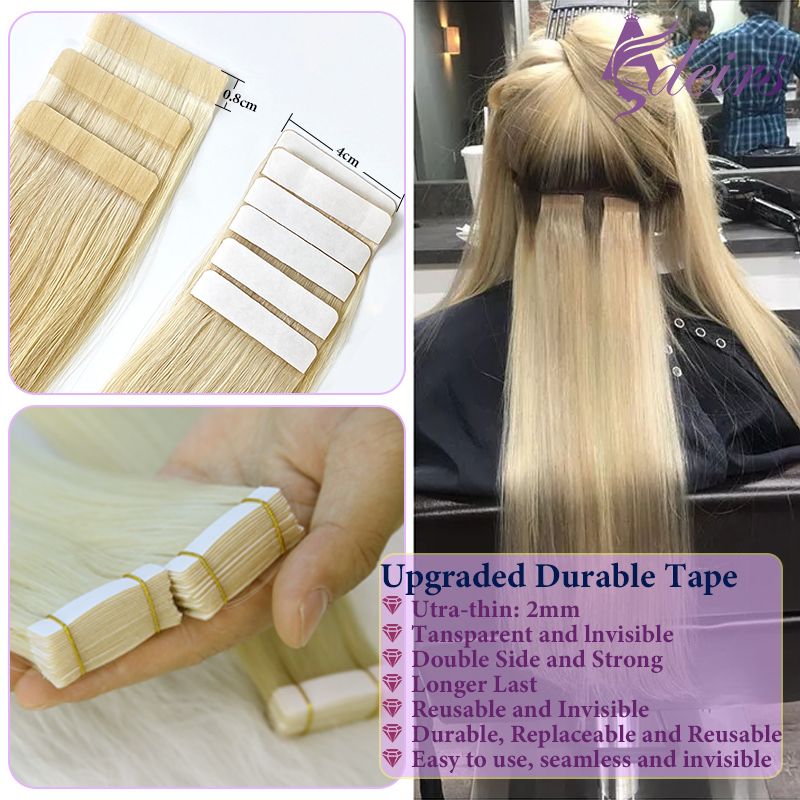 ADEIRS Straight Tape In Human Hair Extensions 100% Real Hair 16"-24" Black Brown Blonde #613 Invisible For Salon