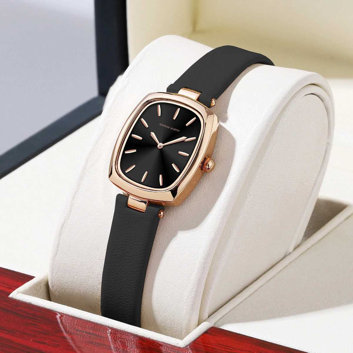 2024 Hannah Martin Womens Leather Rose Gold Simple Quartz Watch Brand New 3Bar Waterproof Original Fashion Womens WatchT250408