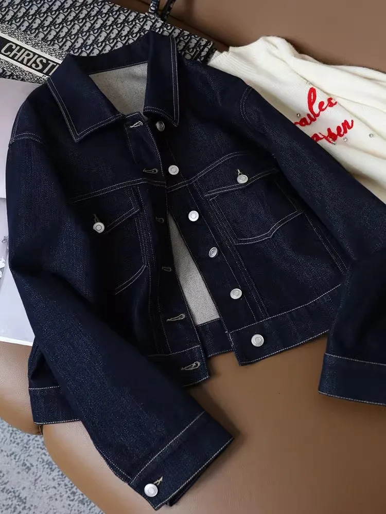 Retro bright line color collision workwear denim jacket womens spring and autumn thin short sleeved student 250407