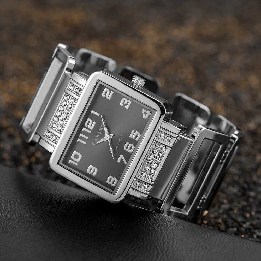 Cansnow Rectangle Womens Watch Gold Silver Bracelet Womens Water Diamond Hollow Steel Quartz Womens Fashion WatchT250408