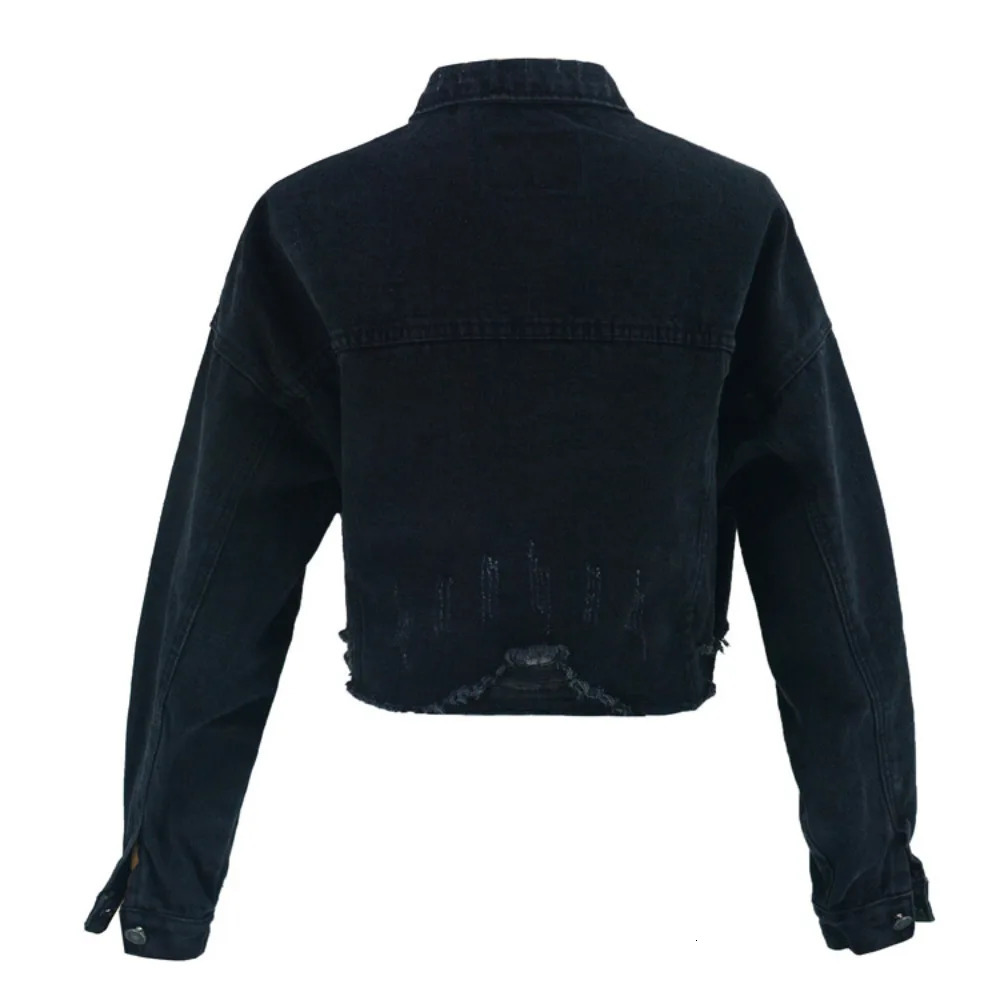 Womens spring jacket black denim lapel cut n vintage oversized Y2K short 250407