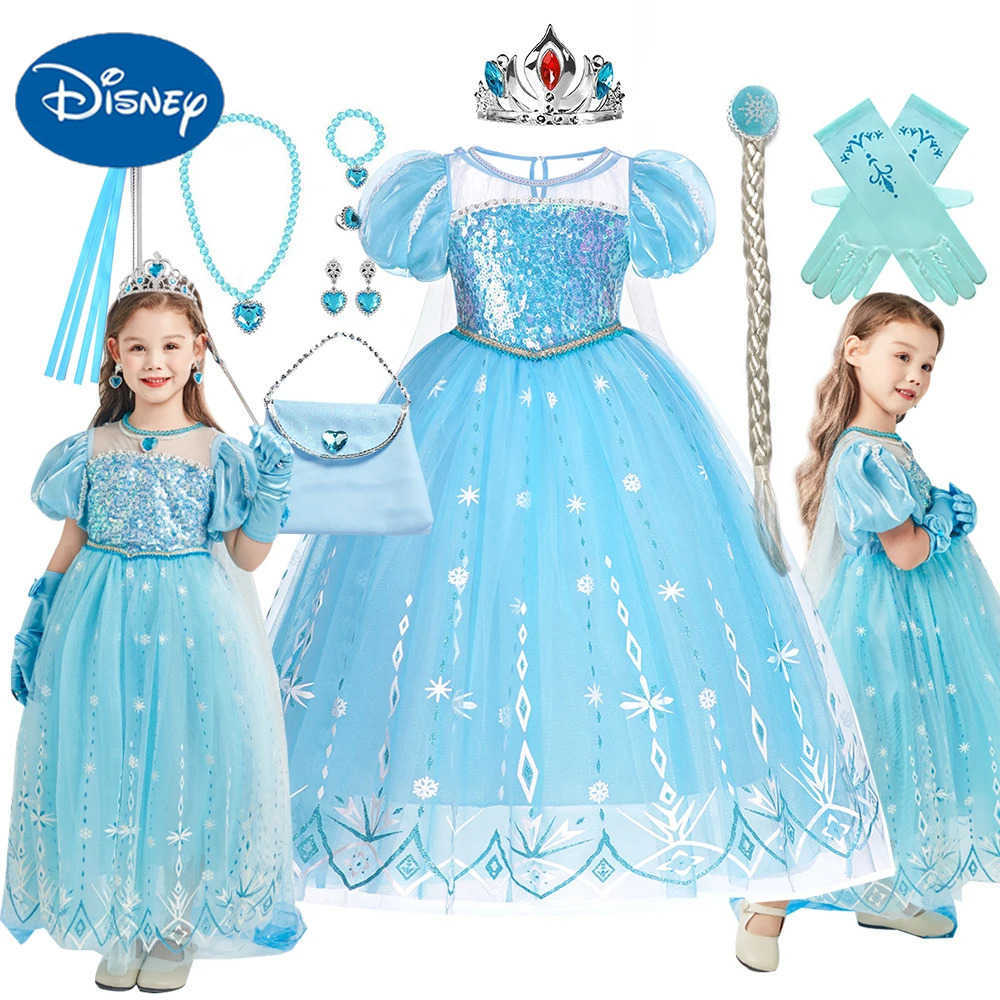 Disney Girl Snow Queen Costume Elsa Dress Kids Sequins Carnival Birthday Party Luxury Ball Gown 2-10Y Children Clothes Puffy Sleeve X250408