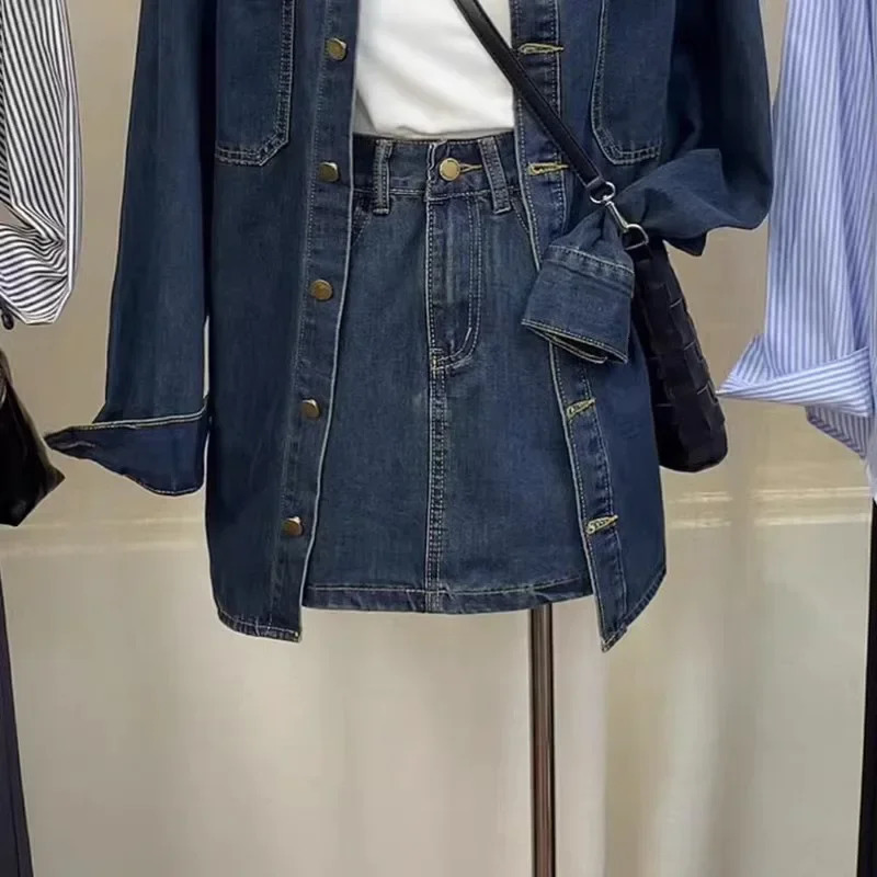 Early Autumn Style Korean Vintage Casual Single-Breasted Denim Shirt Jacket High-Waisted Skirt 2-Piece Set For Women 250408