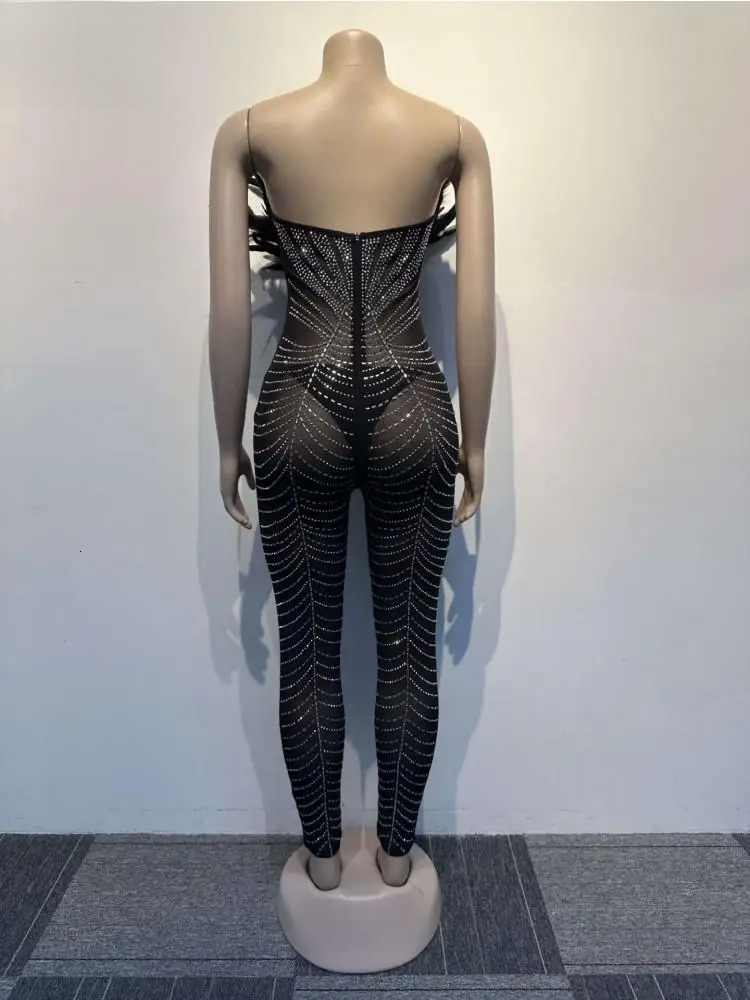 Feather V-Neck Strapless Jumpsuit Women Sexy Dias Mesh See Through Bodycon One Piece Rompers Midnight Clubwear