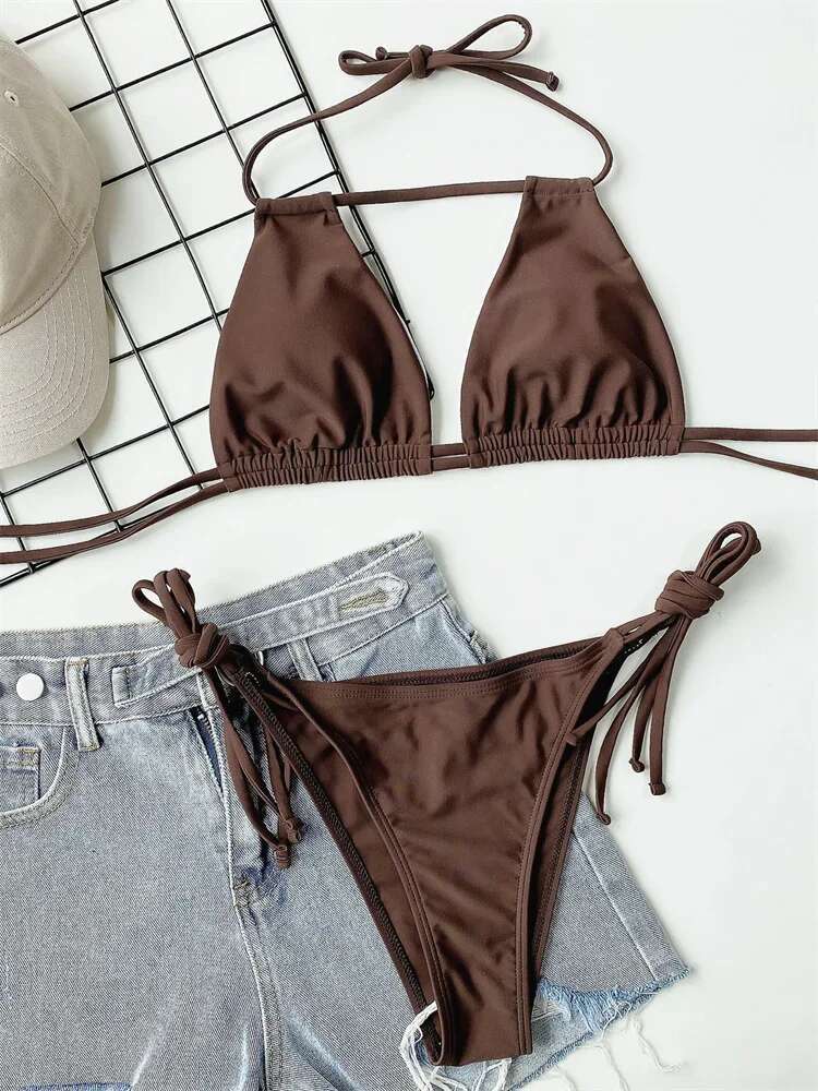 Dongdumaoyi Sexy Bikini Women Black Brown Halter Hollow Out Push Up Micro Swimsuit Brazilian Bathing Suit Tie Side Triangle Swimwear