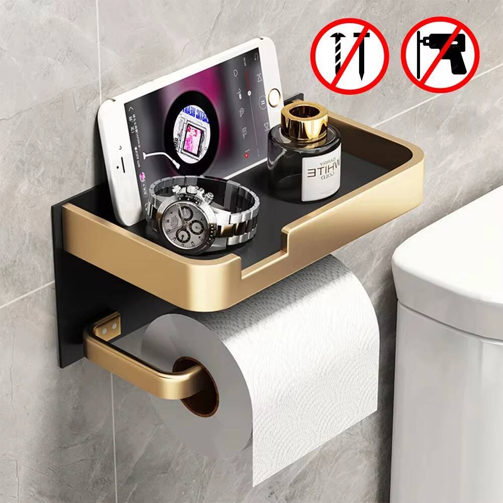 Roll holder With Shelf Aluminum Paper dispenser No Drill Tissue hanger Toilet Bathroom Accessories ddmydog