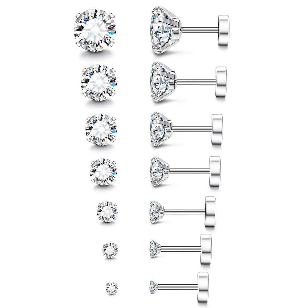 1 Pairs 18G Hypoallergenic Stainless Steel Cubic Zirconia Flatback Stud Earrings Ear Cartilage Piercings for Women Men 2-8mmC250407