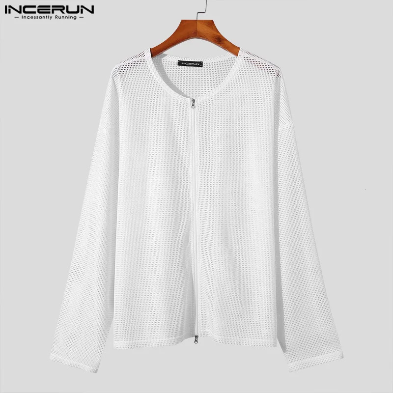 Fashion Well Fitting Tops INCERUN Mens Hollow Grid Zipper Shirts Casual Streetwear O-neck Long Sleeved Blouse S-5XL 250407
