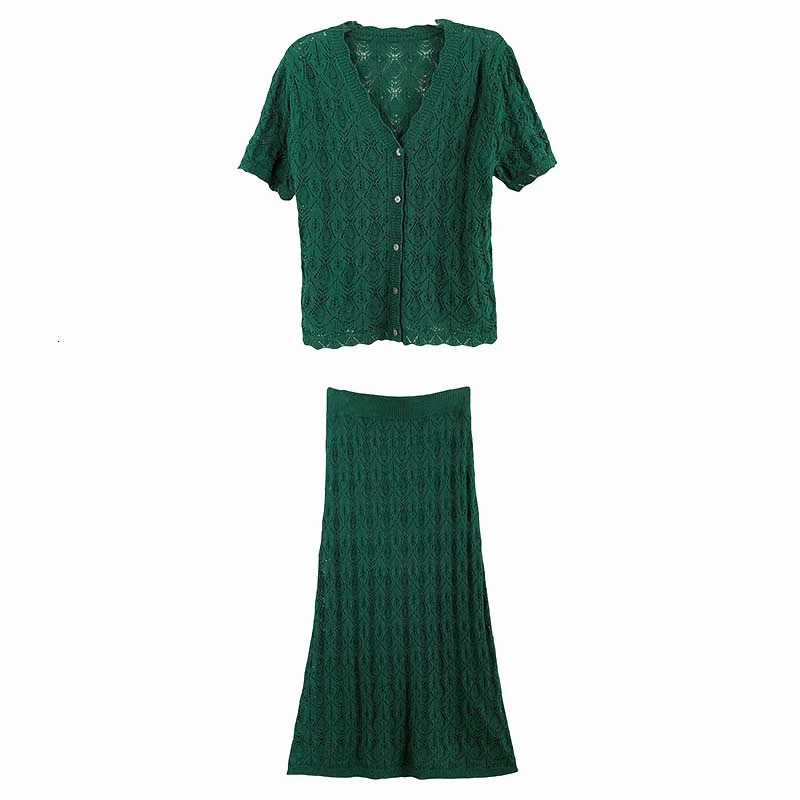 Elegant retro knitted long skirt womens hollow button top Maxi dress summer crochet womens 2-piece set 250401