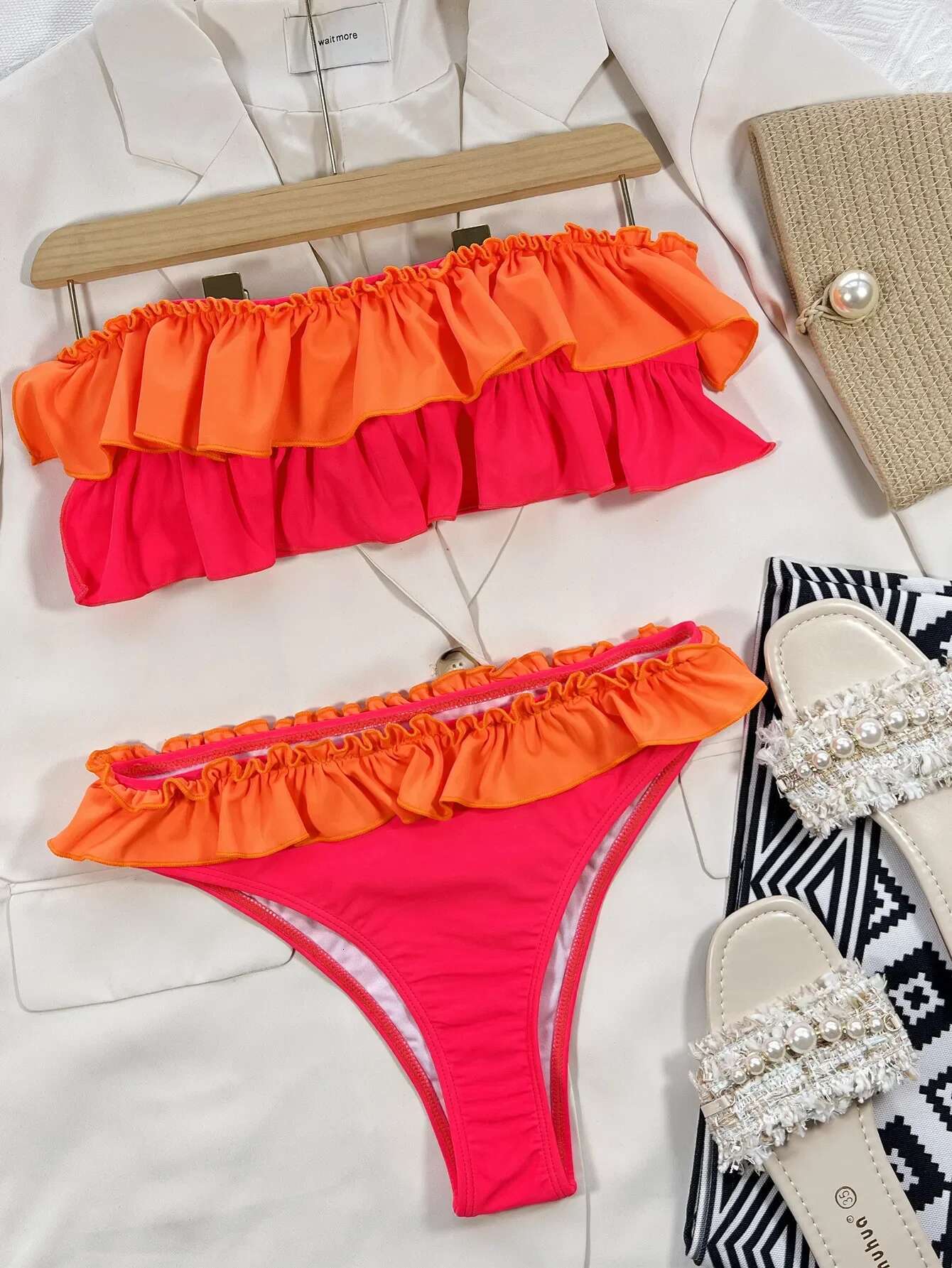 Dongdumaoyi Sexy Bandeau Bikini Mujer Women Orange Patchwork Push Up Ruffles Micro Swimwear Brazilian Beach Bathing Suit Thong Swimsuit