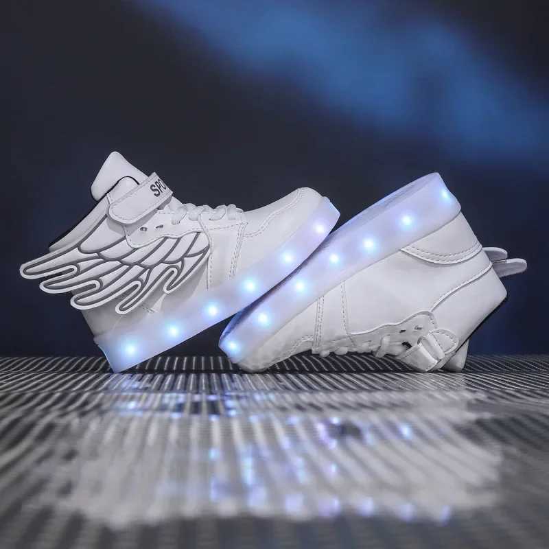 USB charging luminous shoes childrens sports shoes LED flashing wings casual board shoes sports walking coach boys and girls luminous shoes W250407