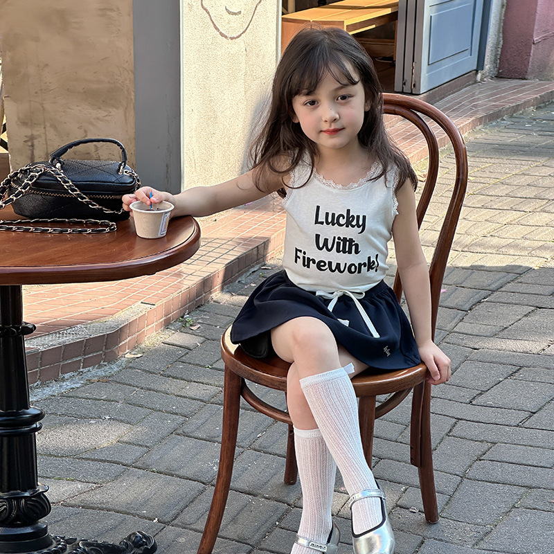 Ddmyshoesvip Girl S Elegant Interior Sleeveless T Shirt Trendy Children S Korean Version Letter Sweet Lace Small Tank Top