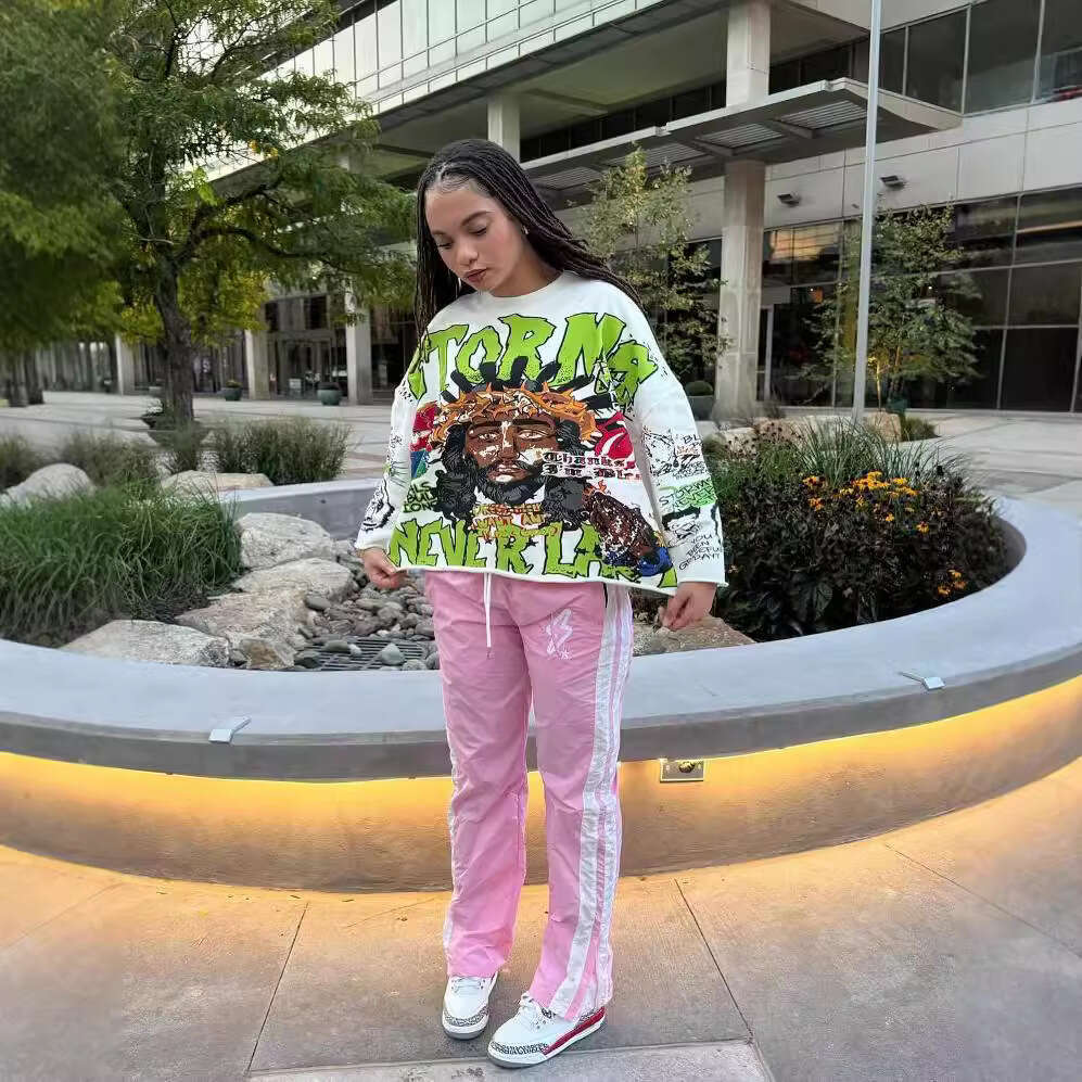 American plus size autumn street graffiti print pattern top, unisex loose streetwear trend clothing gift for boys