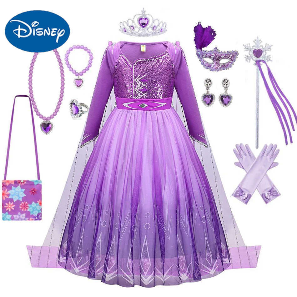 Disney Girl Elsa dress princess cosplay purple sequin grid Halloween long sleeved ball dress birthday party carnival costume X250408