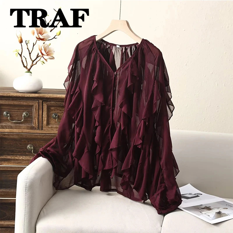 TRAF Woman Rucffles Shirt Sexy Semi-Transparent Loose Shirts for Women V-Neck Long Sleeve Womens Casual Shirt And Blouses Top 250408