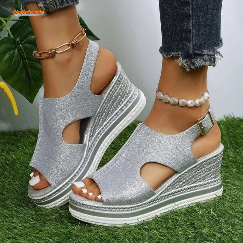 2023 New Casual Wedge Comfy Open Toe Glitter Color Golden Women's Summer High-heeled Sandals Sandalias De Mujer ddmykukumalu